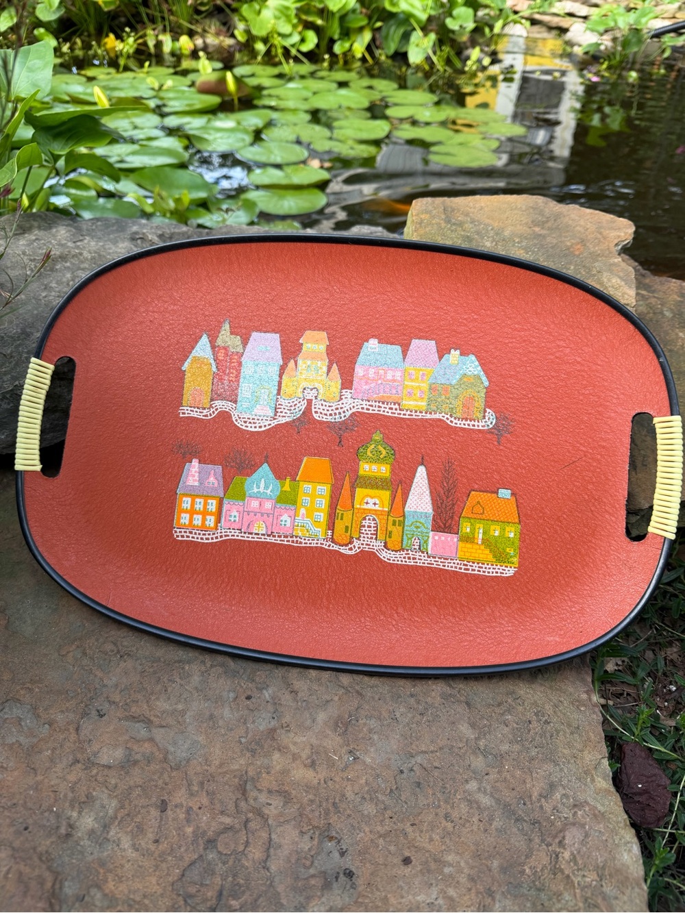 Mmm Colorful Village Decorative Tray - Red Orange Background